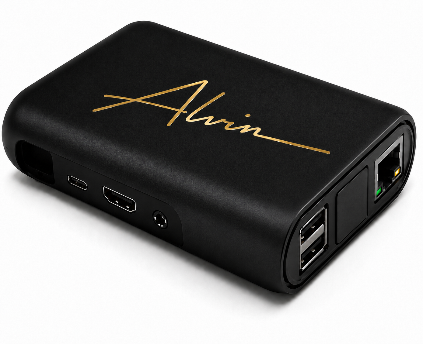 Complete ALVIN system with device, cables, power supply, and phone showing the remote app