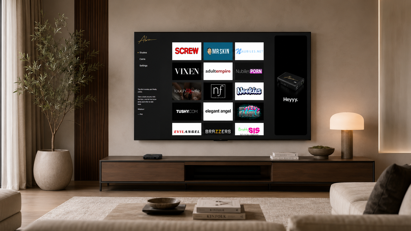 ALVIN interface displayed on a large television in an elegant living room